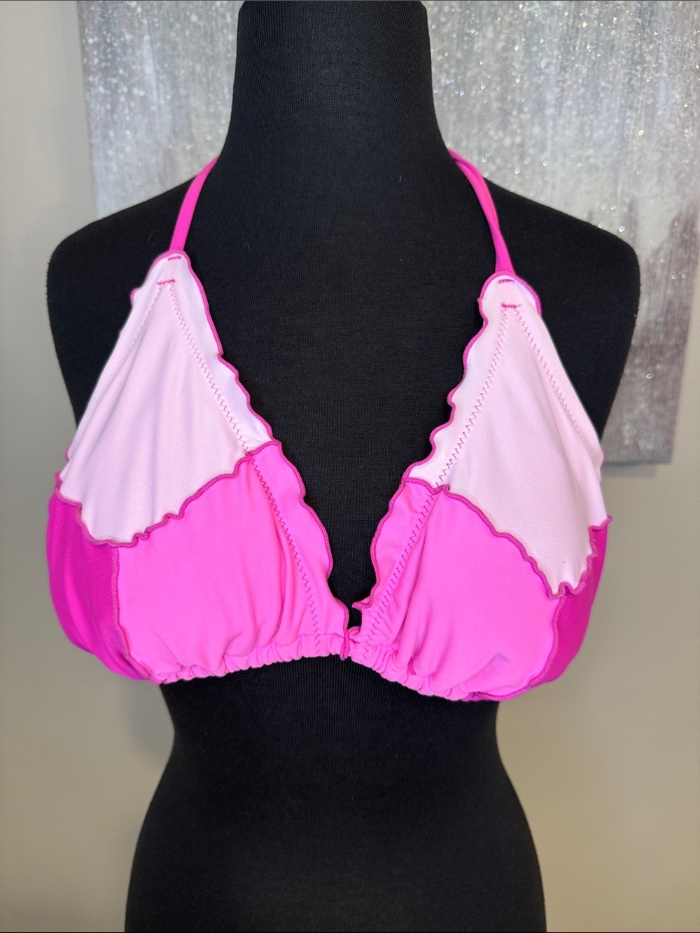 Pink Colorblock Ruffled Triangle Bikini Top size XL